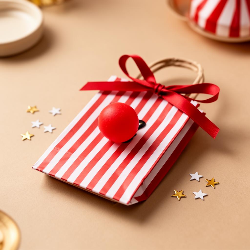 Mini clown nose favor in a red and white striped paper bag