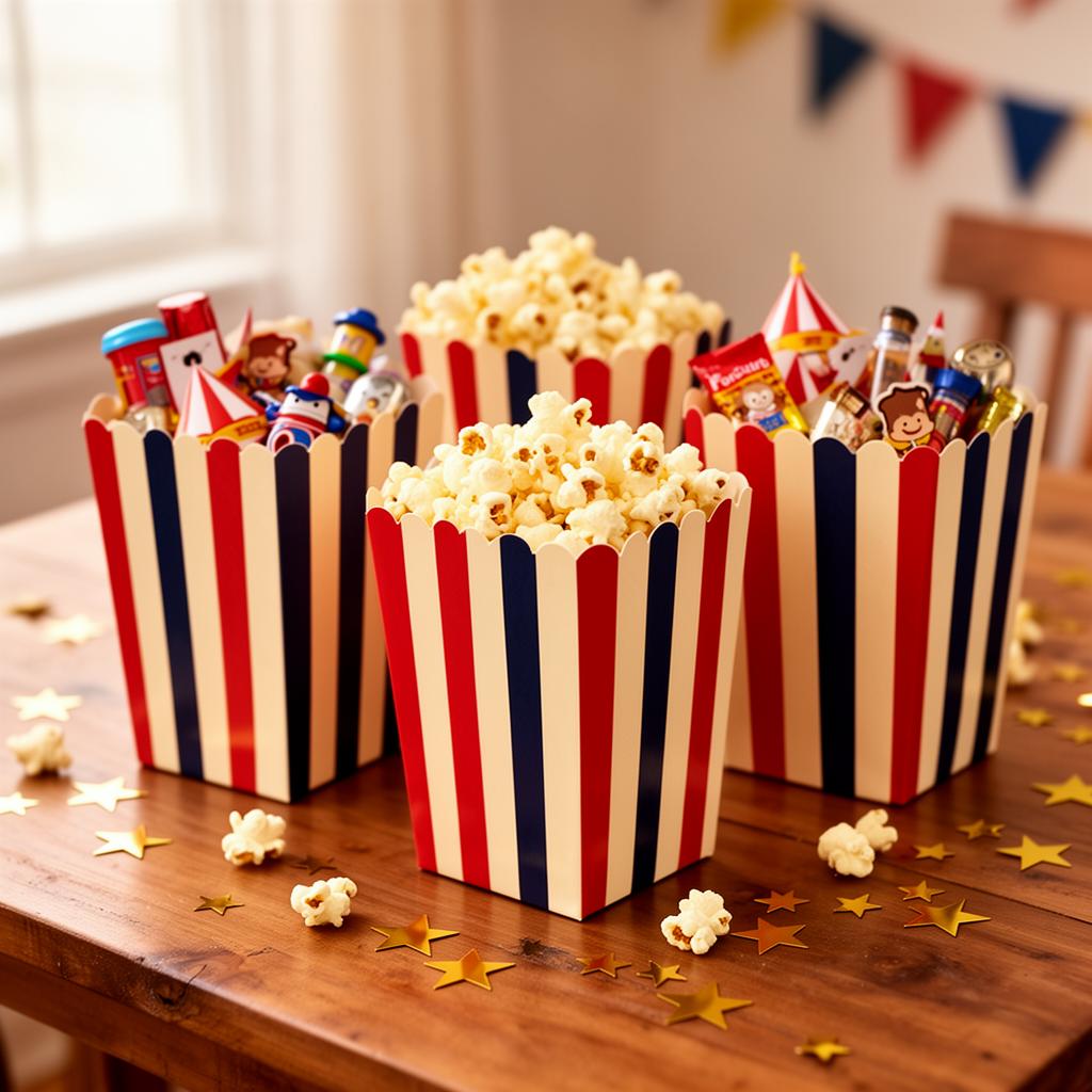 Striped circus popcorn boxes used as party favors