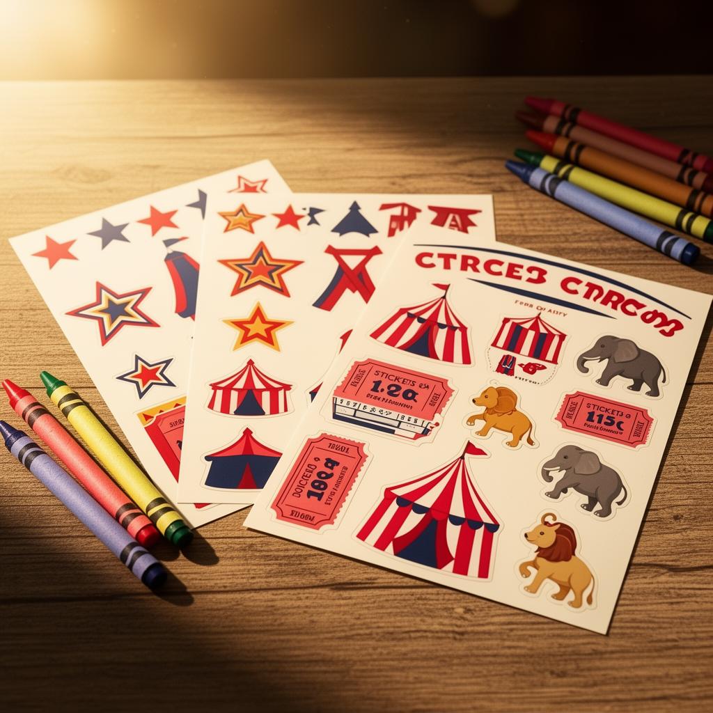 Circus-themed sticker packs with crayons on a wooden table